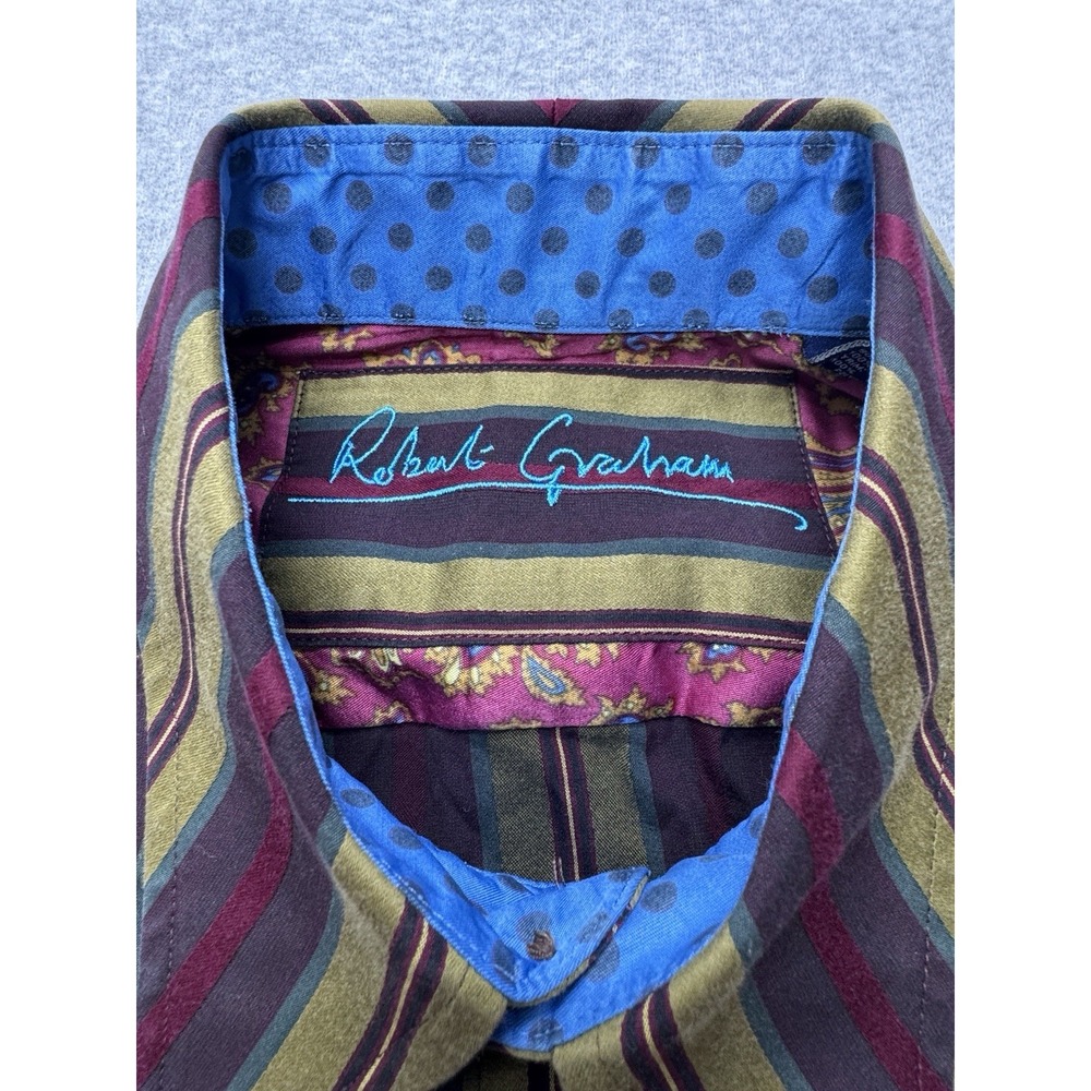 Robert Graham Shirt Mens Large Green Burgundy Striped Flip‎ Cuff Luxury Preppy - Picture 2 of 10
